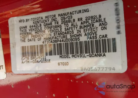 2004 Toyota Camry Solara Se/Sle из США, поврежденный, VIN 4T1CA38P44U009095